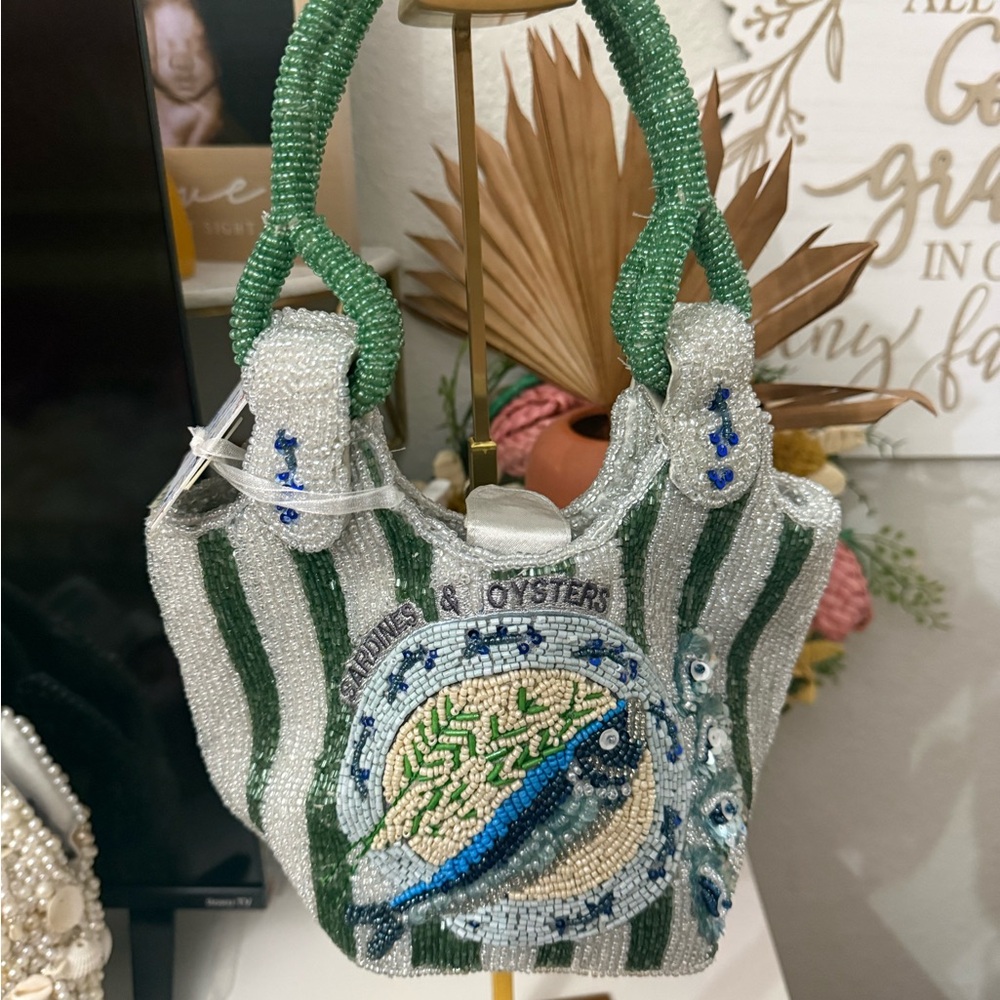 Viral Sardine and Oyster Beaded Green & White Striped Tote